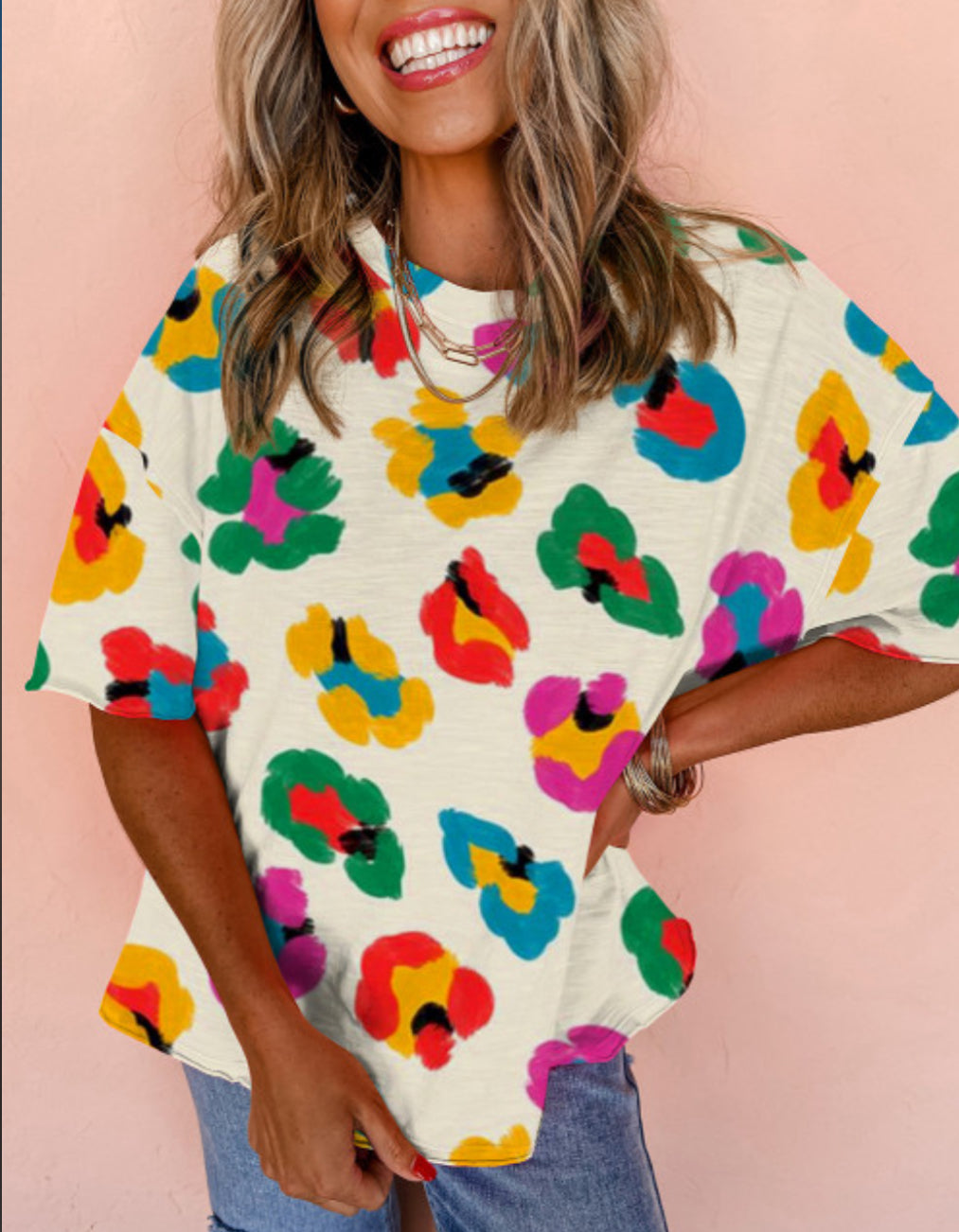 Colorful Leopard drop shoulder oversized tee
