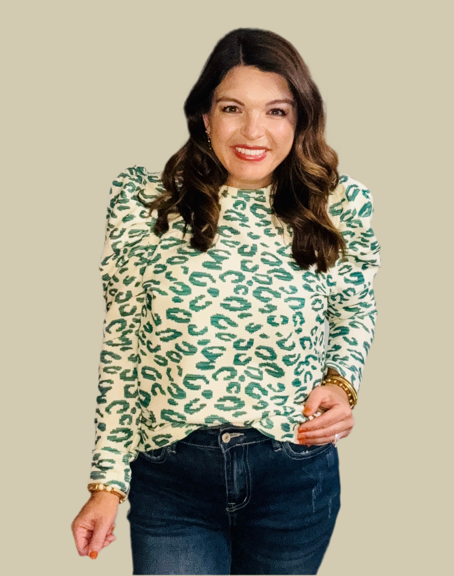 Leopard print mock neck puff sleeve top