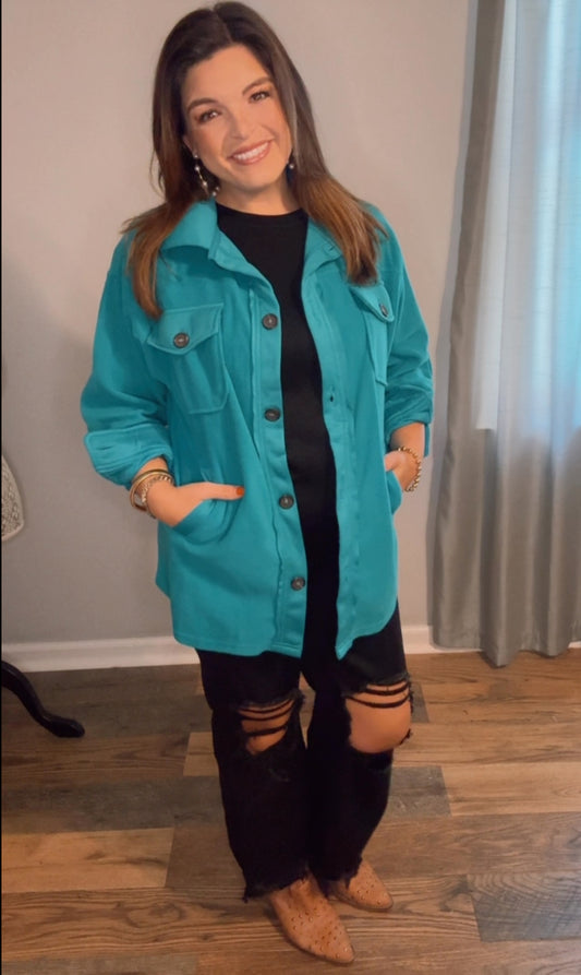 Teal fleece shacket