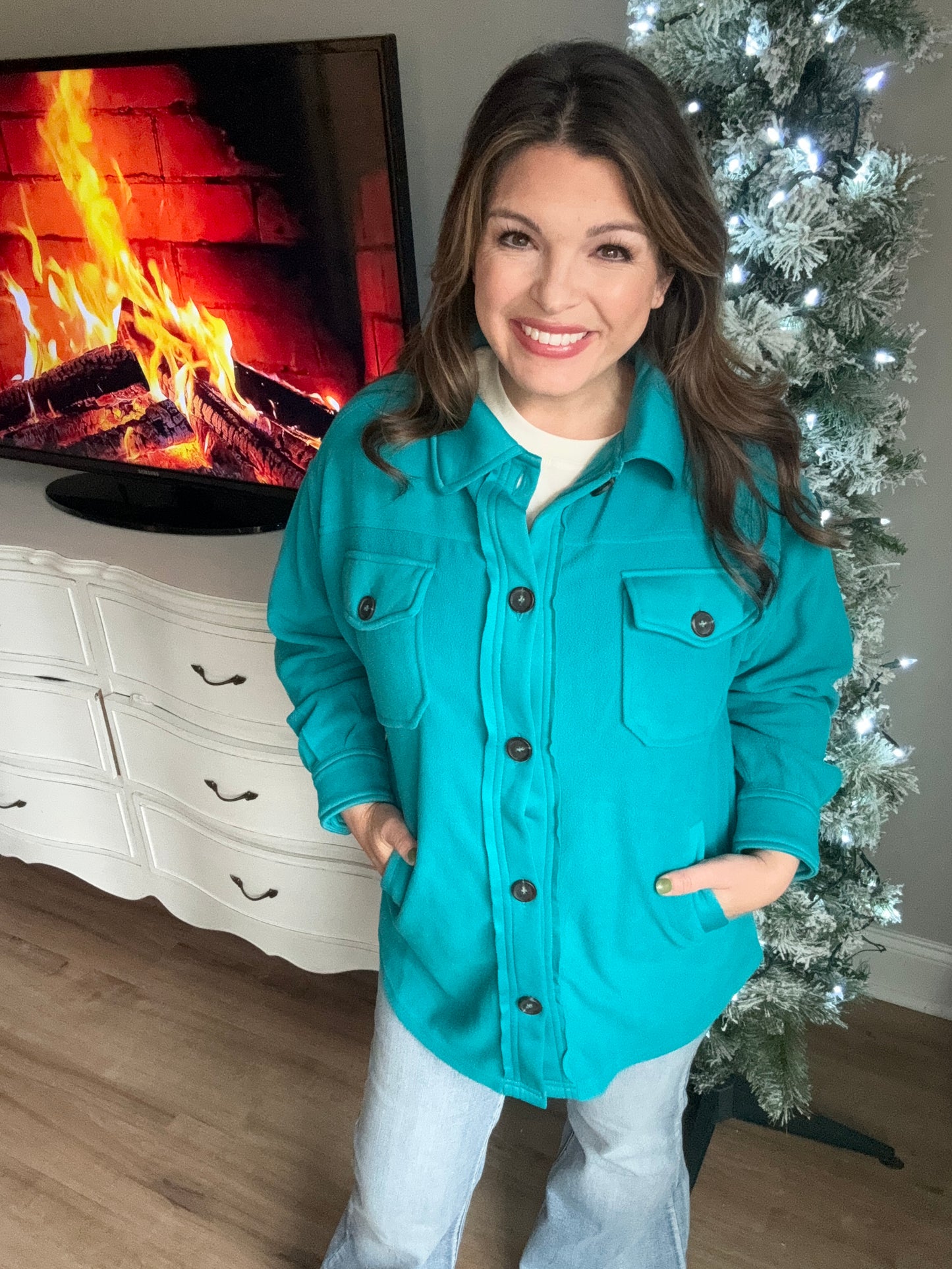 Teal fleece shacket