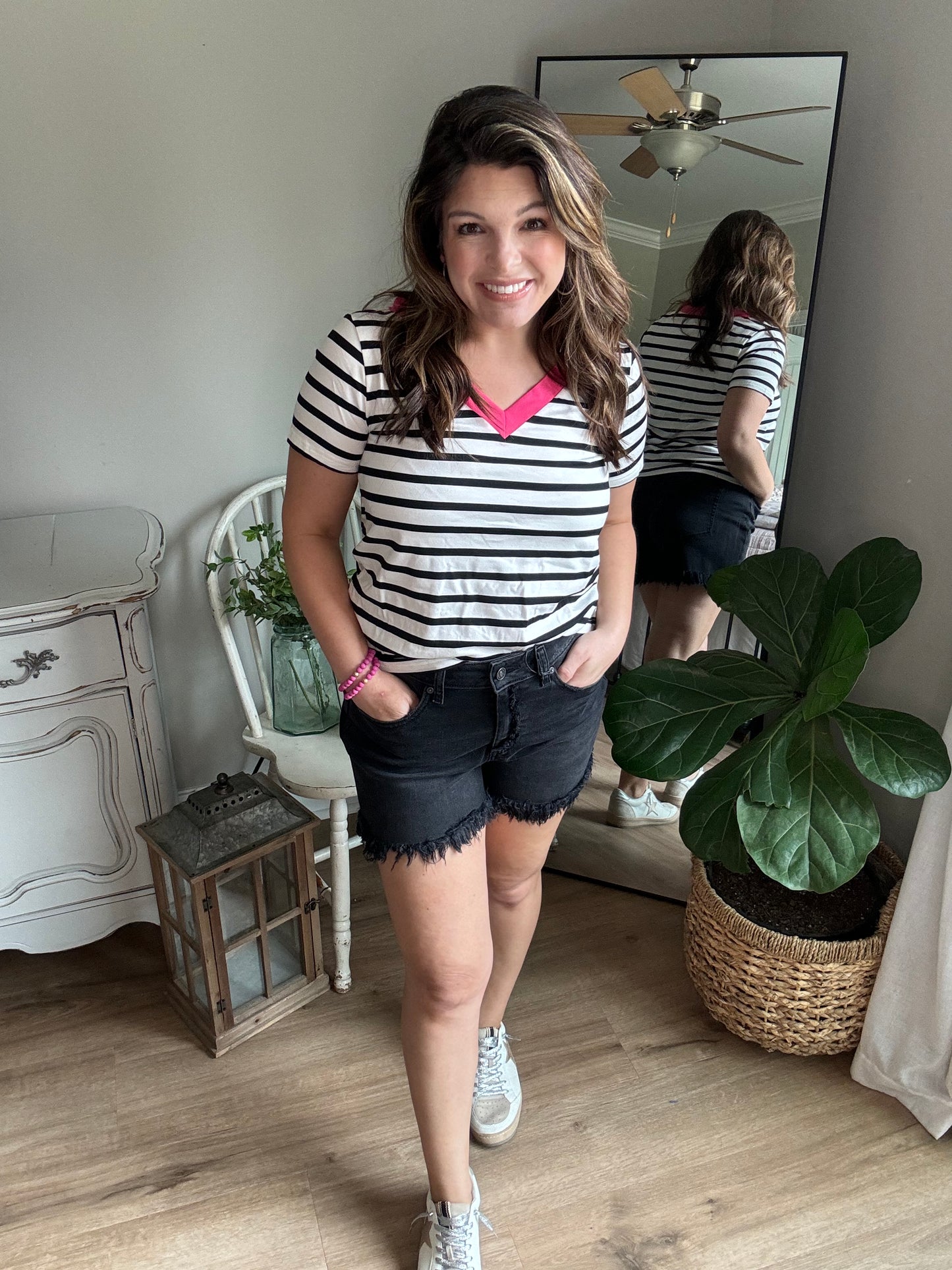 V neck striped contrast casual top