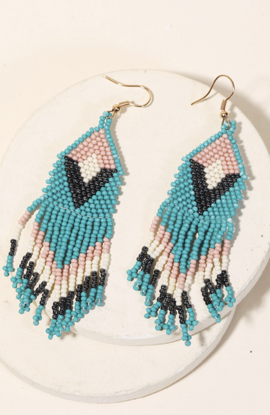 Teal and pink fringe earrings